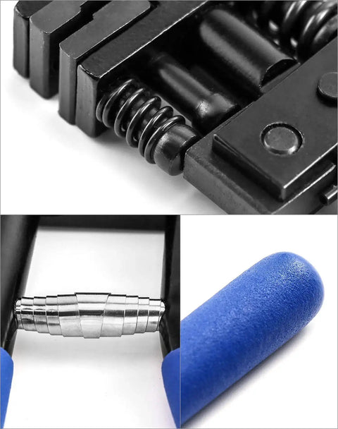 Close-up of 5mm Hand Joggle Panel Flanging Tool With Hole Punch for sheet metal repair, showing blue handle grip and cast iron parts.