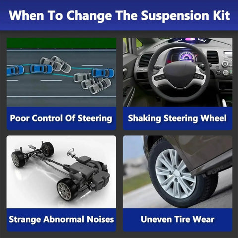 Hawk Brother suspension kit infographic showing four panels on steering problems and tire wear.