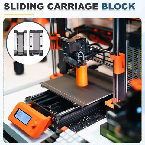 MGN9H Linear Bearing Carriage Block with Mini Guide attached to 3D printer, shown with accessories, for smooth precise motion.