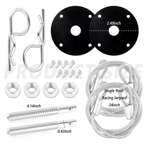 Stainless Steel Hood Pin Lock Clip With Racing Lanyard For Beefed Up Hood Fixing And Reducing Shake On Cars Trucks And SUVs Universal Exterior Accessories Black, pieces shown disassembled.