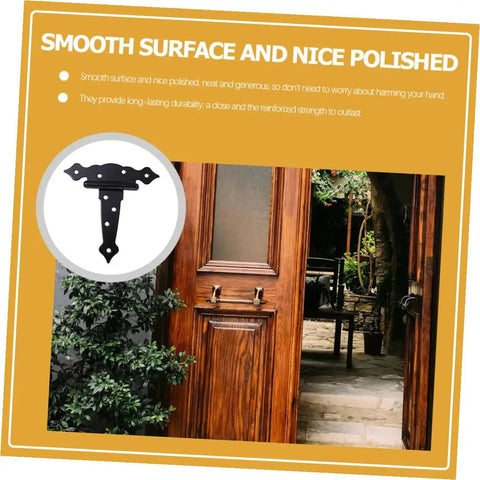 Black Painted Wrought Iron Strap Door Hinge Heavy Duty T Strap Decorative Hardware installed on wooden door outdoors