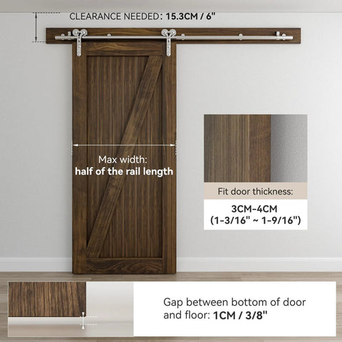 9 Foot Stainless Steel Sliding Door Hardware Kit For Wooden Barn Doors, Heavy Duty And Smooth Operation, Fits 54 Inch Wide Single Door, Y Shaped Track System, Supports Up To 220 Lbs Per Door, installed view with measurements.