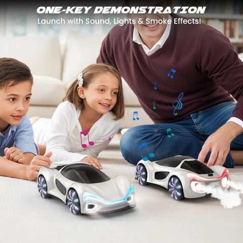 Children play with gesture sensing remote control car with charging dock, 360 degree omnidirectional mecanum wheels, spray mist, and LED light show.