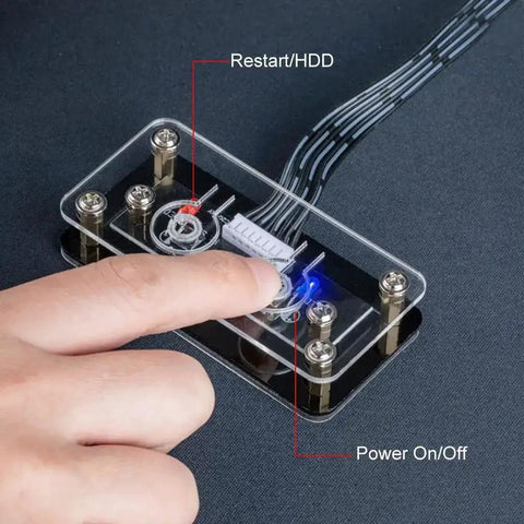 External Desktop PC Power Button Switch For Case Panel On Off Button Replacement For Motherboard External Power Supply Acrylic DIY Chassis Repair For Damaged Front Panel And Water Cooled Builds, showing a finger pressing the blue lit power button.