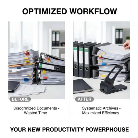 Before and after using Tough As Nails Heavy Duty 2 Hole Punch For Office, School, And Home, organized binders vs messy documents.