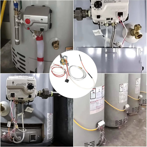 Water heater pilot assembly kit for Whirlpool 300/301 series, with wiring harness and gas valve components.