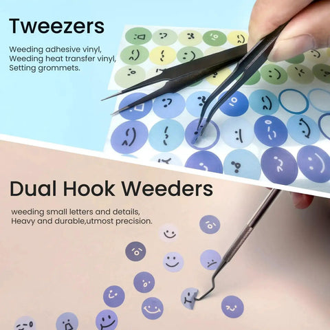 35-Piece All-In-One Weeding Tools Kit For Vinyl And Scrapbooking, tweezers and dual hook weeders used on smiley face stickers