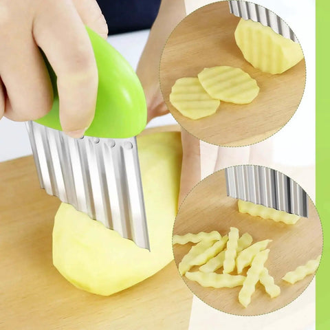 Person using 2 Pack Crinkle Cutter Wavy Chopper Stainless Steel Kitchen Slicer For Potatoes Carrots Fries Chips Vegetables Durable Rust Resistant Blade With Ergonomic Soft Grip Handle And Easy Cleanup on a potato creating wavy slices
