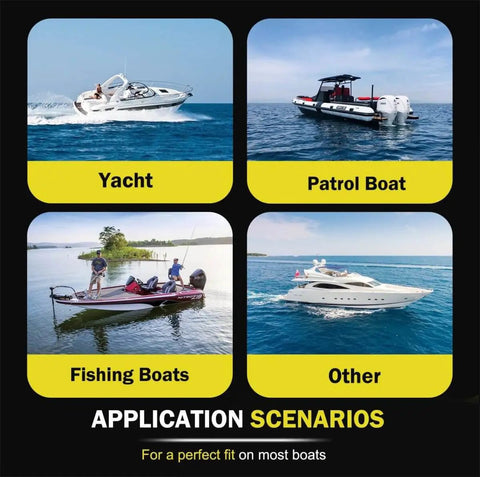 Application scenarios for All In One 150HP Outboard Hydraulic Steering Kit shown on yacht, patrol, and fishing boats.