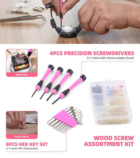 Pink 136 Piece Cordless Tool Set With 3.6V USB Electric Screwdriver featuring precision screwdrivers and wood screw kit