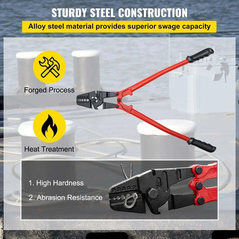 24 Inch Heavy Duty Hand Swager Crimper Tool With Four Dies shown over a dock background highlighting sturdy steel construction.