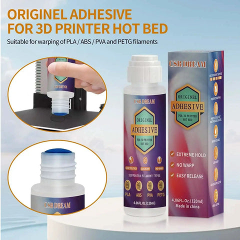Heavy Duty 3D Printer Adhesive Glue For Hot Bed Bonding With Strong Grip And Minimal Warping For ABS PLA PLA Plus PETG And TPU Filaments No Residue Durable Long Lasting Formula 120 Milliliters 4 Ounces bottle and packaging, close-up view.