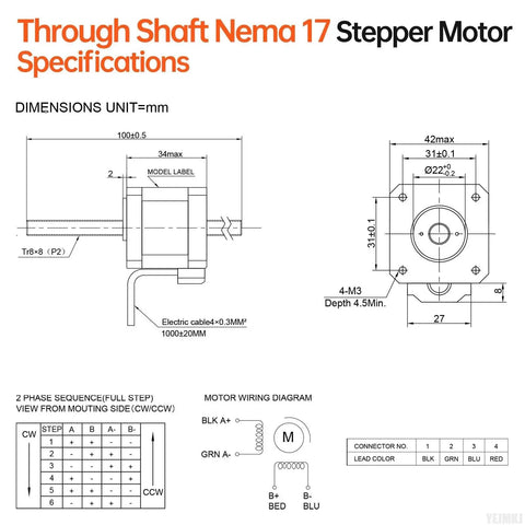 Technical diagram of Through Shaft Nema 17 Stepper Motor TR8x8 100mm with dimensions and wiring specifics for 3D printer and CNC use.