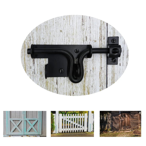 Black Heavy Duty Sliding Bolt Gate Latch With Padlock Hole Two Way Direction mounted on wooden gate for outdoor use