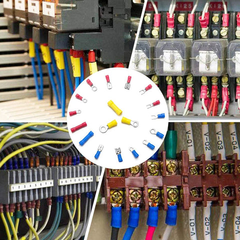 Qibaok insulated copper wire terminal kit, 1500pcs, red/blue/yellow; ring, butt, spade, fork connectors (front view)