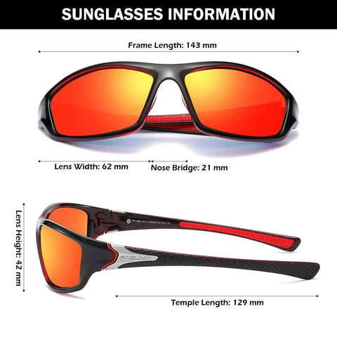 Polarized Sports Sunglasses For Men With UV400 Protection Ultralight And Durable For Cycling Driving Fishing And Outdoor Adventures Crisp Vision Glare Busting All Day Comfort Great For Running Hiking And More, shown from front and side view with red lenses and black/red frame.