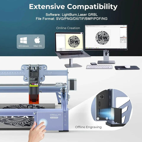 Falcon 10W Laser Engraver And Cutter With 72W Output 0.06mm Precision displayed with computer screens showcasing design compatibility.