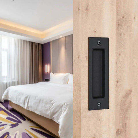 Sliding Barn Door Finger Pull Black, 6 Inch Solid Steel Flat Bottom Handle with Self Tapping Screws installed on wooden door