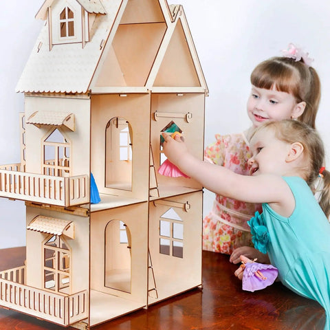 Children playing with wooden dollhouse made from 4 Pack Basswood Sheets 1/16 X 12 X 12 Inch For Laser Cutting And Engraving