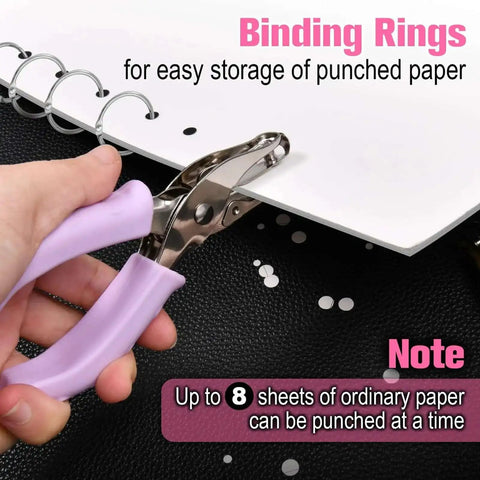 Small Handheld Hole Punch Kit With 1/8 And 1/4 Inch Holes, metal construction hole punch in use on paper with binding rings