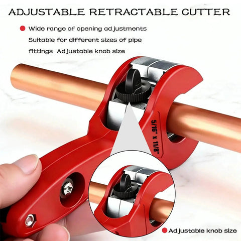 Ratcheting Tubing Cutter For Copper And Metal Pipes 5/16 To 1 1/8 Inch shown cutting copper pipe, adjustable knob visible