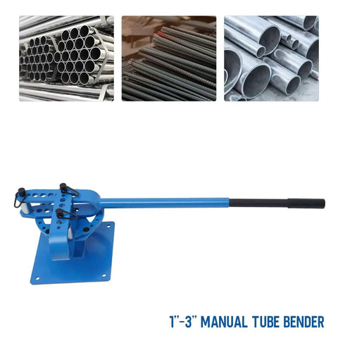Beefy Workhorse Pipe Bender With 7 Dies One And A Half Inch Benchtop Tube Bending Machine visible with metal tubes examples