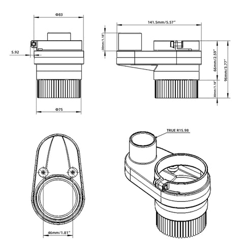 Technical drawing of 3-In-1 Dust Shoe For CNC Router, Fits 52Mm, 65Mm And 69Mm Spindles, Hose Diameter 38Mm, Transparent ABS Material