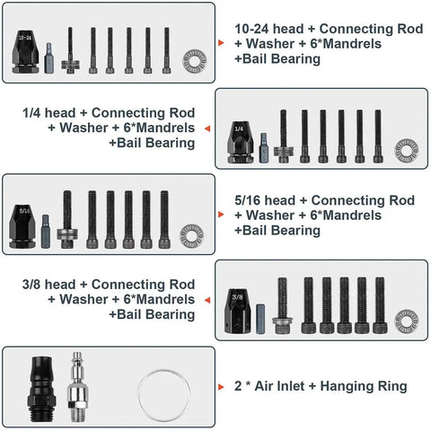 Components of Pneumatic Rivet Nut Gun Kit With Self Locking Head And Adjustable Speed, Four Size Quick Change Heads For 10-24 1/4 5/16 3/8, Mandrels Included For Each Size displayed