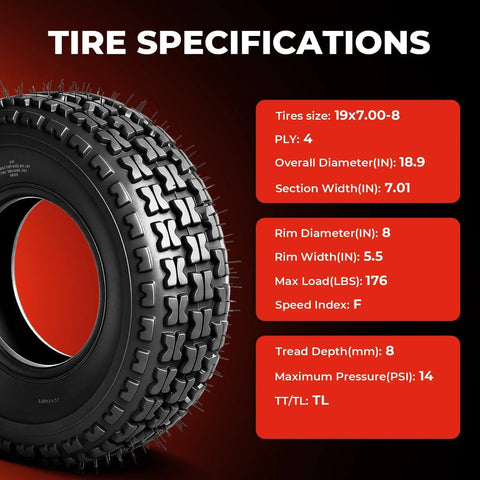 Set Of 2 19x7-8 ATV UTV Tires 4PR Beefed Up All Terrain Tubeless Non Directional Tread details with specifications