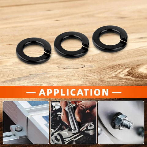 Front view: three black stainless steel split lock washers, size #8, on wooden surface