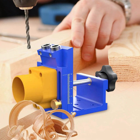 Pro Grade Pocket Hole Jig Kit With Angled Drill Guide And Dust Collection For Cabinet Installations Deck Building Desk Assembly And DIY Hobby Projects in use.