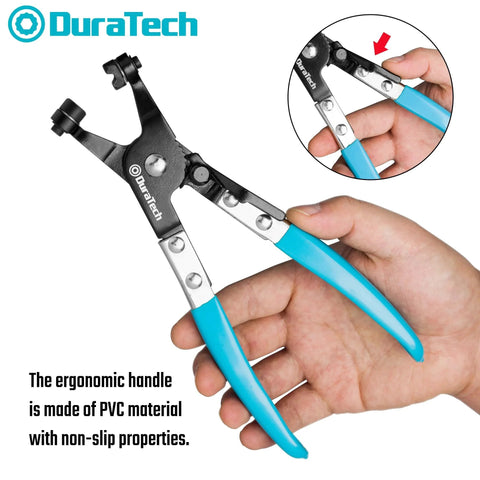 Hose Clamp Pliers With Swivel Flat Band For Automotive Repair Multi Angle Flexible Jaws With Rotating Tip, held in hand