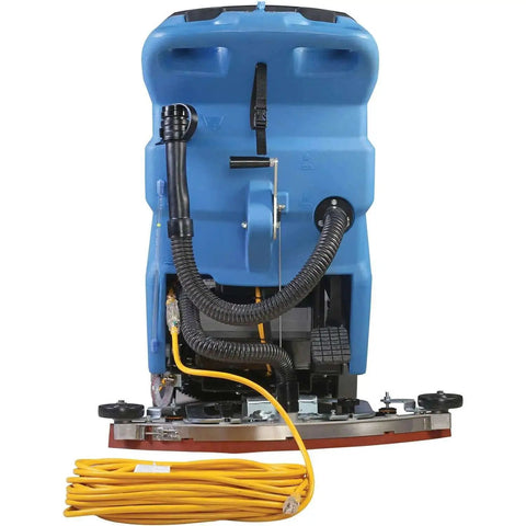 Back view of Boss Level Clean Electric Walk Behind Floor Scrubber For Commercial Cleaning, with power cord and squeegee.