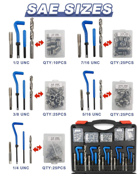 Pro Grade 263 Piece Helicoil Thread Repair Kit For SAE And Metric Threads With HSS Drill Restorer, installation tools, taps, drills, hex key, SAE sizes, in case