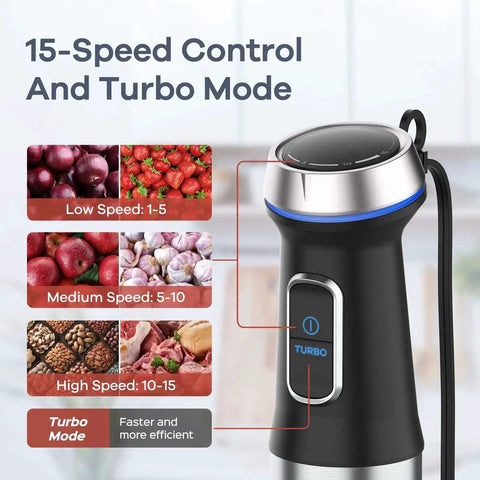 Powerful 1000W 5 In 1 Immersion Blender With 16 Speed Settings Stainless Steel Blades turbo mode control display