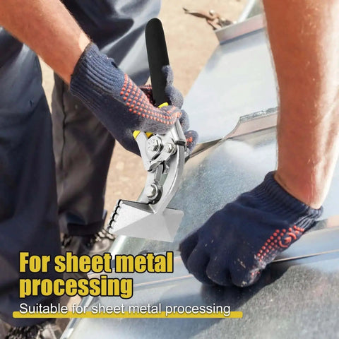 Pro Grade 3 Inch Curved Jaw Offset Hand Seamer in use for sheet metal bending, showing multi use pliers for roofing and car repairs.