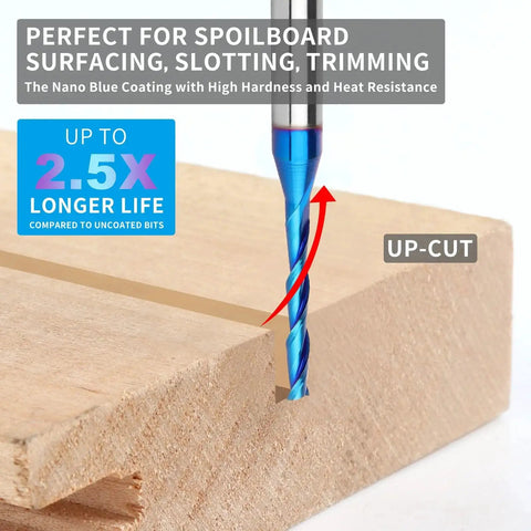 Upcut Spiral Router Bit With One Quarter Inch Shank And One Eighth Inch Cutting Diameter For Wood Cutting And Carving, Extra Long Three Inch Overall Length, Solid Carbide With Nano Blue Coating For CNC Router Bits Eanosic.