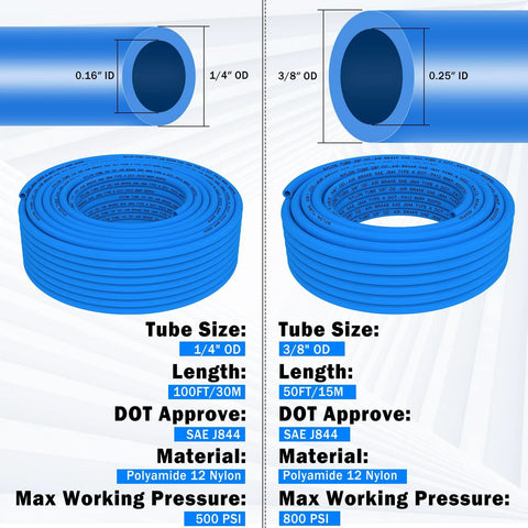 Two blue pneumatic air tubing coils: 1/4 in. OD, 100 ft and 3/8 in. OD, 50 ft; polyamide 12 nylon, DOT SAE J844