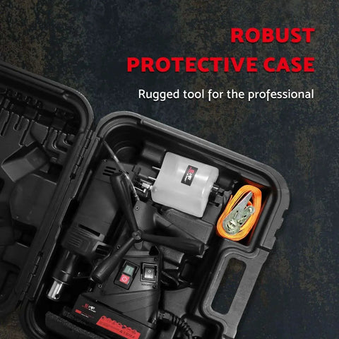 Magnetic Drill Press Kit 1100W Portable, 700 RPM No Load in protective carrying case with attachments displayed.