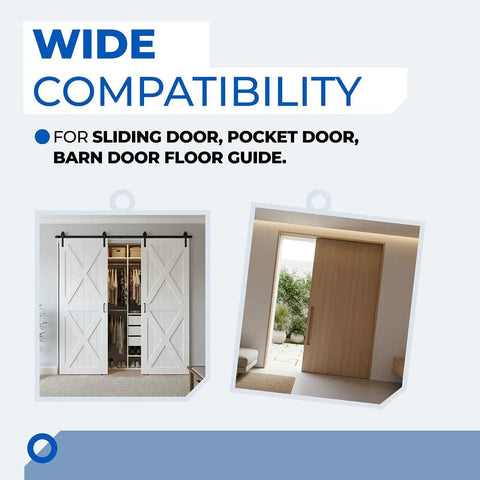 Wide compatibility for sliding door, pocket door, barn door floor guide with wood doors showcasing Barn Door Floor Guides And Bottom Track Mounts Heavy Duty Metal Glides Replacement Tracks Stops From Swing Universal Compatibility With Standard Wooden Sliding Doors Minimum Door Thickness 1.35 Inches Groove Size 0.79 By 0.28 Inches 2 Pack.