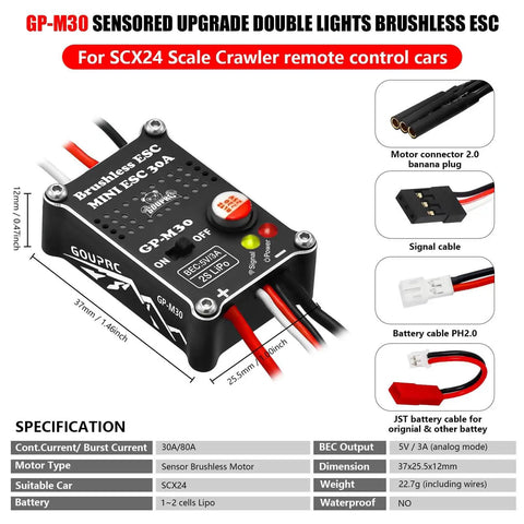 Upgrade 30A Brushless ESC And 1621 3500KV Brushless Motor With Transmission Combo Kit For SCX24 RC Crawler Axial 1 to 24 scale showing connectors and specifications.