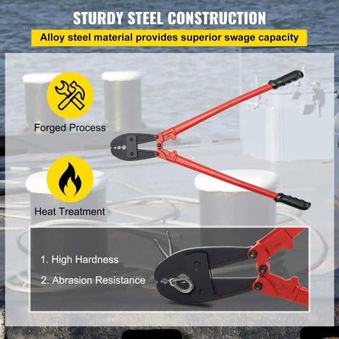 Heavy Duty Wire Rope Crimping Tool With 30 Inch Long Handle For Five Thirty Second Inch, One Quarter And Five Sixteenth Inch Sleeves
