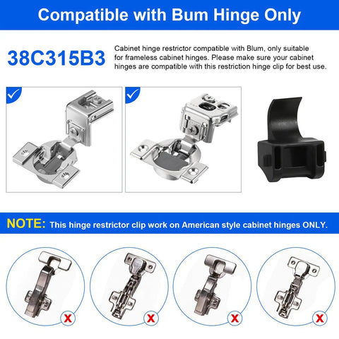 Premium 50 Pack Cabinet Hinge Restrictor Clips For Blumotion Compact Hinges 86 Degree Opening Soft Close Hinge Limiter Clips For Frameless Kitchen Cabinets Doors 38C315B3 Compatible shown.