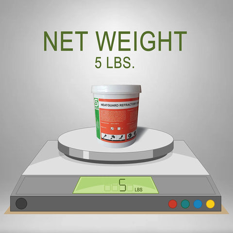 SIMOND STORE 5 lb HeatGuard refractory coating bucket on digital scale with orange label for ceramic fiber insulation