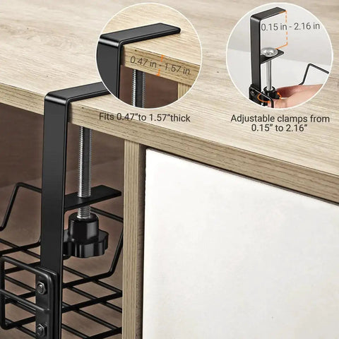 Close-up of adjustable clamp installation for Under Desk Cable Management Tray Organizer For Cords And Wires No Drill Installation Easy Mount.