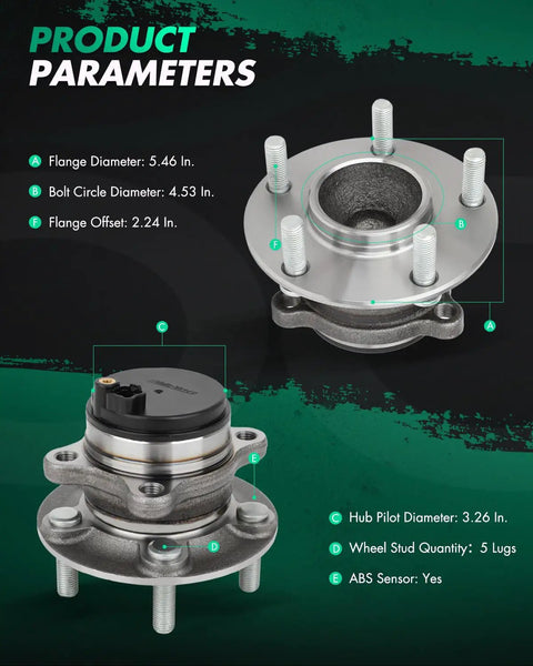 Two Pack Wheel Hub Bearing Assembly With ABS For Mazda 6 2014 2020 And Mazda CX 5 2013 2020 Left Rear And Right Wheel Positions Ready To Install Heavy Duty Upgrade 512519 VKBA7649 MB76301 WE61801 Compatible, detailing dimensions and ABS compatibility.