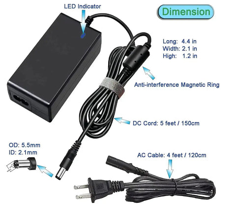 Power Supply Adapter 24V 2.5A DC Regulated Transformer Charger Plug-And-Play with AC and DC cables and plug heads