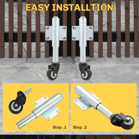 Front view of 2 Inch Spring Loaded Gate Caster Wheels, 2 Pack Retractable Swivel Casters with mounting plates, installed on a fence.