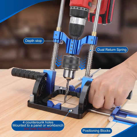 All Metal Adjustable Drill Guide With Multi Angle Capability From Zero To Sixty Degrees For Straight Holes, Drill Press Adapter For Hand Drills, Includes One Half Inch Chuck, Key, Guide Rod, Precision Drilling Jig In Durable Blue mounted on wood.