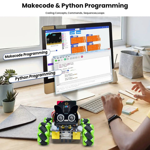 Microbit V2 Robot Car Kit With 4WD Mecanum Wheels displayed with Makecode and Python programming on a computer screen.